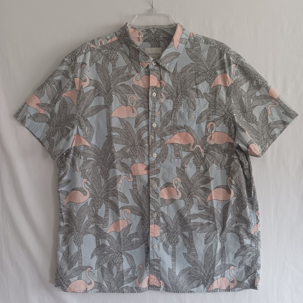 American Eagle Button Down Shirt Mens XL Blue Flamingo Palm Tree Tropical